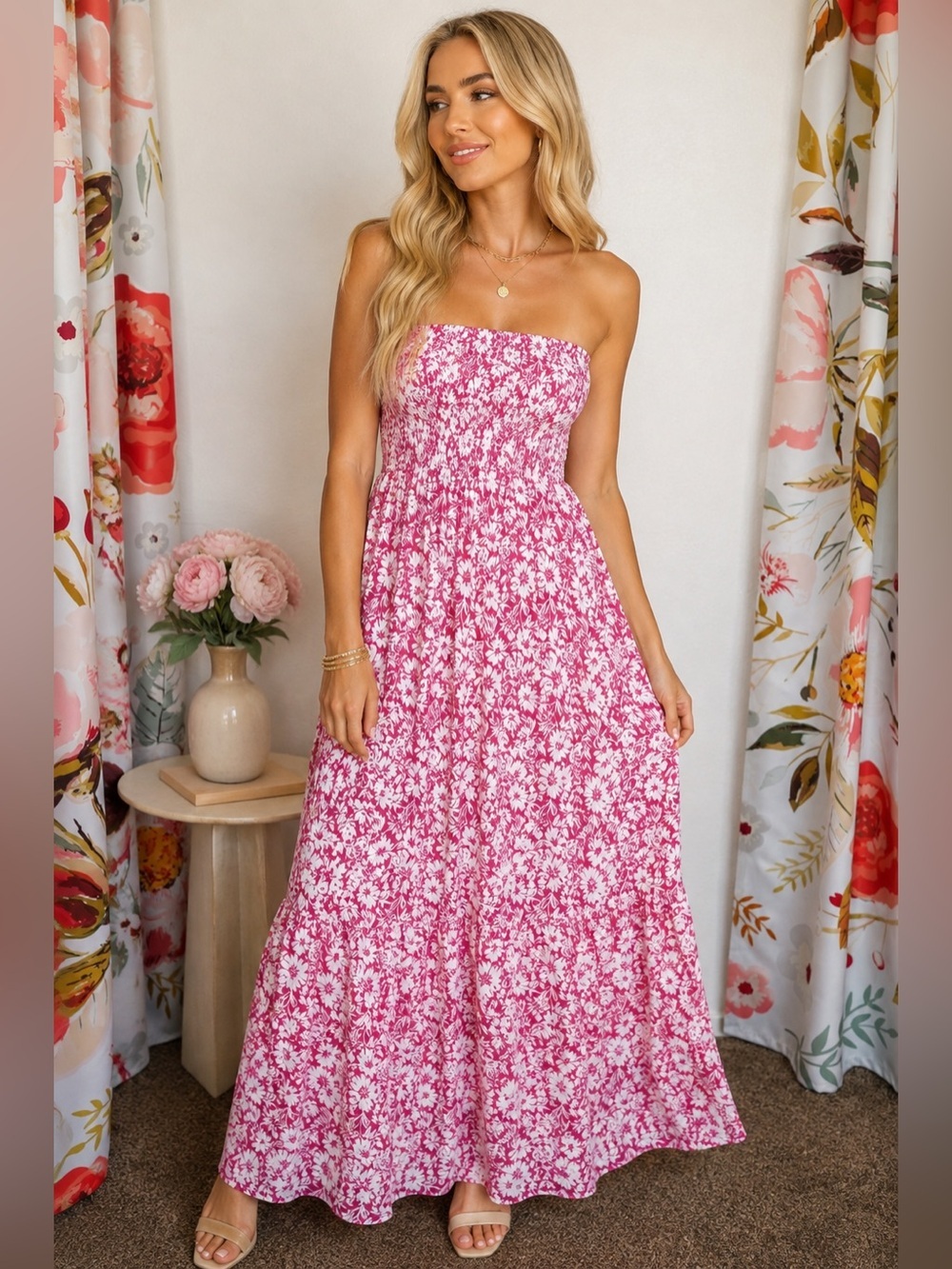 Floral Strapless Pink Maxi Dress - 843